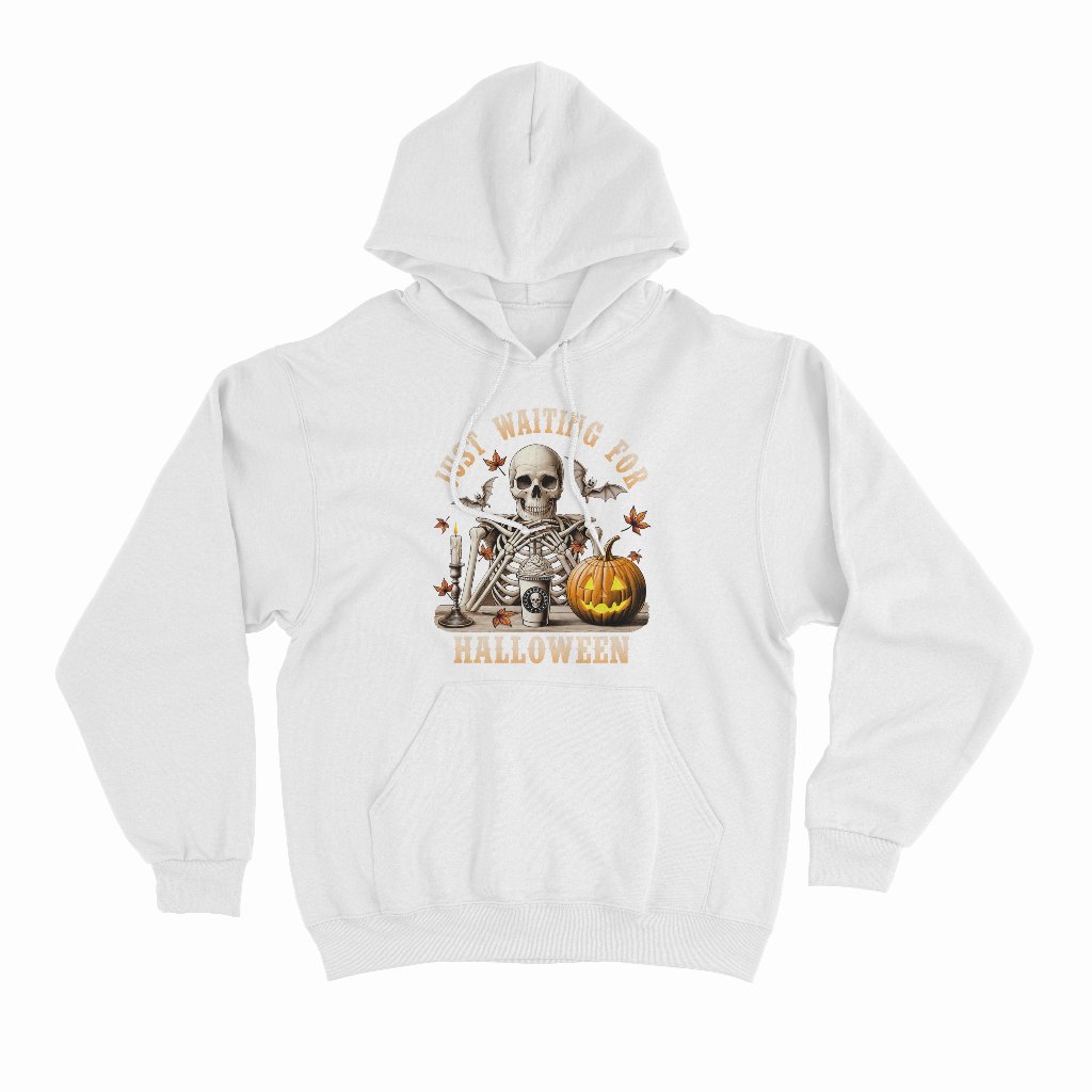 Just Waiting For Halloween Skeleton Coffee Spooky Season White Hoodie
